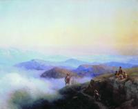 Цепи кавказских гор. Вид с Каранайских гор на Темир-хан-Шуру, на Каспийском море. 1869